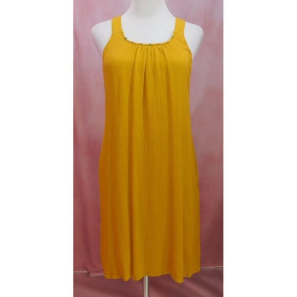 Cupio XS Mustard Yellow Boho Midi Dress Beaded Neckline Sleeveless - Picture 2 of 10